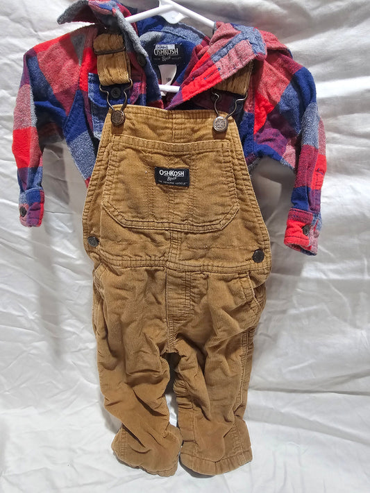 Oshkosh corduroy overalls & flannel onesie size 18 Plaid flannel onesie and lined overalls 18 Months