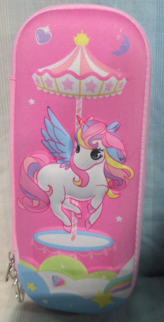3D unicorn pencil case school supply carousel unicorn surrounded by stars and moon motifs.