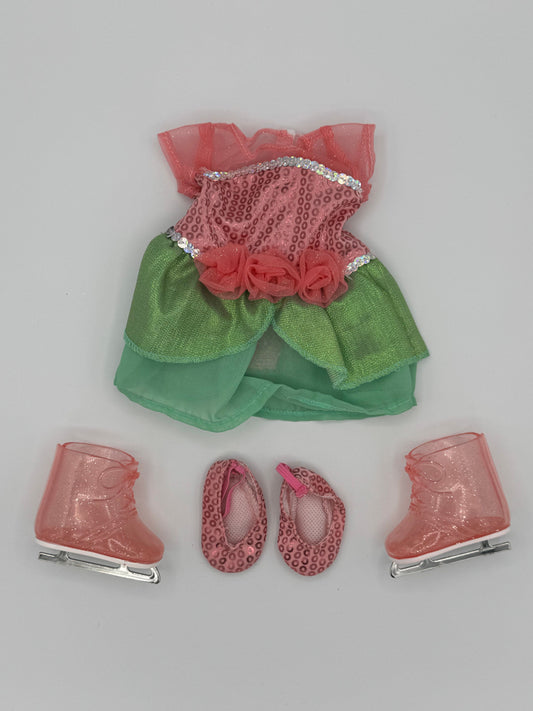 18" Doll Clothes Pink/Green Mermaid Figure Skating Outfit w/Skates & Slippers Dolls and Accessories