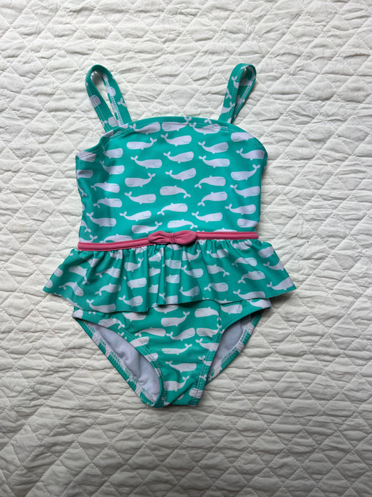 Carter's Blue with white whales and pink bow swimsuit 3T
