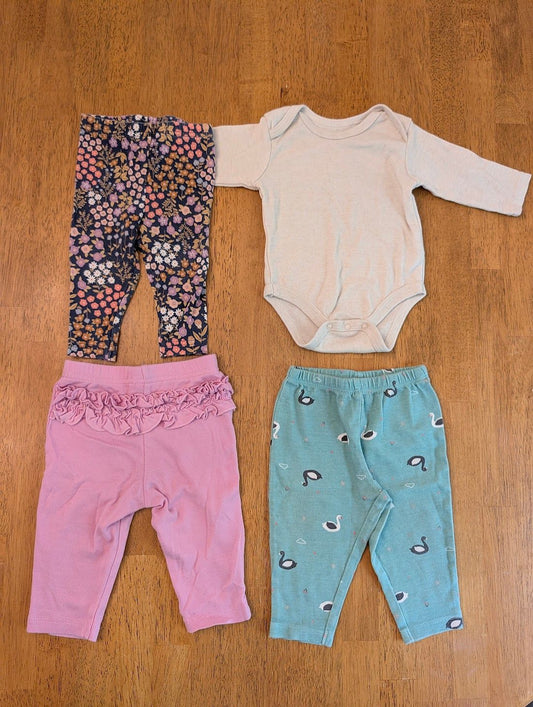 Rene Rafe 3-6m floral pants, Carter's 3-6m white long sleeve onesie, blue swan pants, pink ruffle butt pants 3 Months