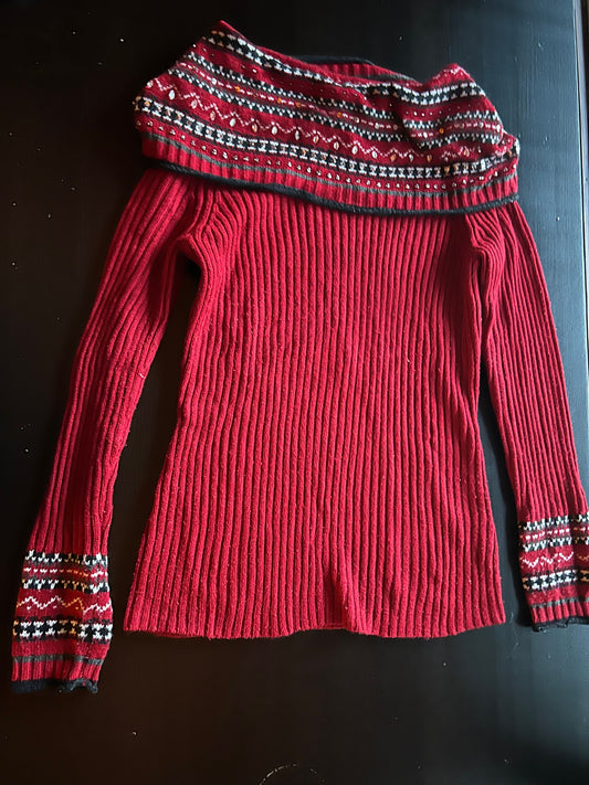 Collection Dressbarn Red Ribbed Sweater White, Black, and Silver-Sequin Collar Women's - S