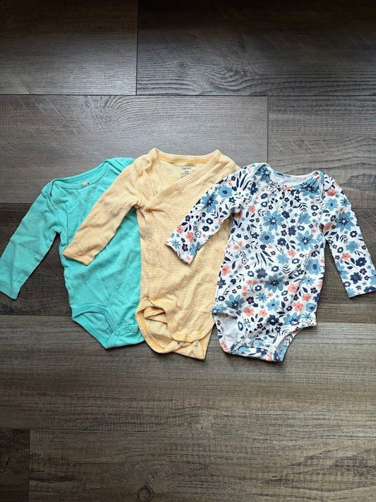 Carters, 9m, Long Sleeve Onesies 3 Pack: Floral, Yellow Stripes, Teal 9 Months