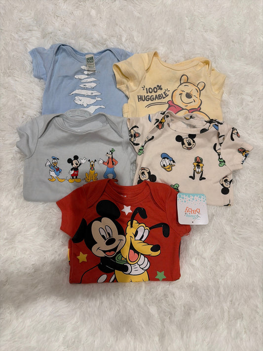 Disney Baby 3-6 Month Short Sleeve Onesies 5 pk, Mickie and Friends, Pooh Bear, Whales 3 Months