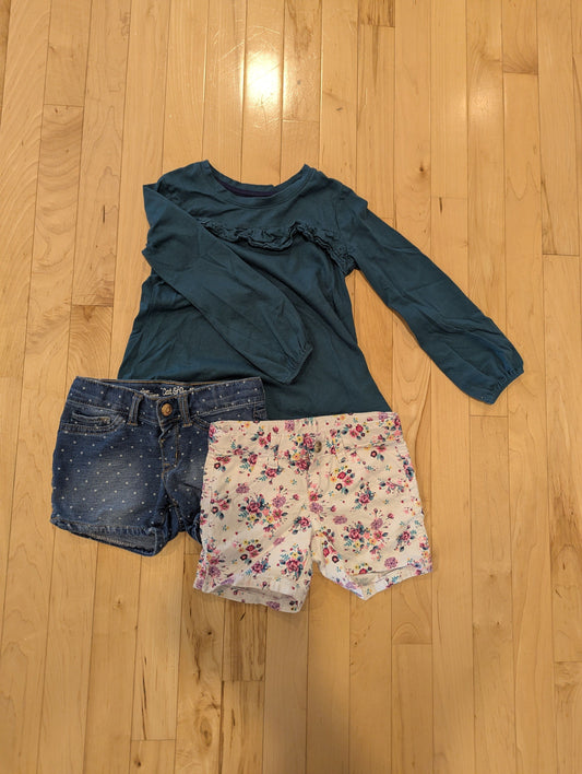 Cat + Jack/Wonder Nation 2 Shorts and Shirt Green Long Sleeve Top, White Floral and Polka Dot Shorts 5T/5