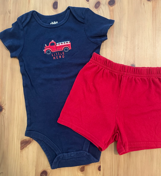 2pc 18m Child of Mine/Garanimals Fire Truck Outfit SS Navy Fire Engine Onesie, Red Cotton Shorts 18 Months