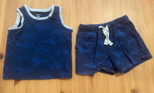 2pc 12m Carters Matching Navy/Blue Shark Outfit Tank Top and Shorts Set, Cotton for Summer! 12 Months