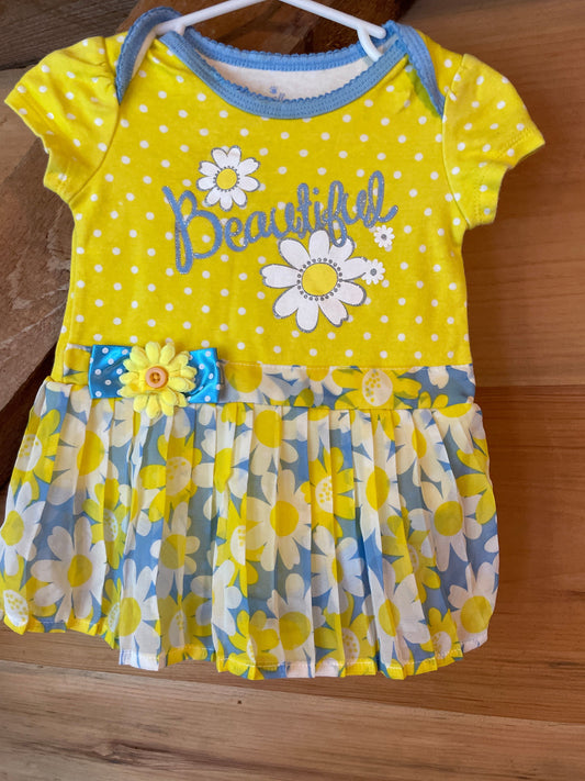 Small Wonders, 6m-9m, yellow and white dotted onesie with floral skirt, sunflower and blue bow at waist 6 Months