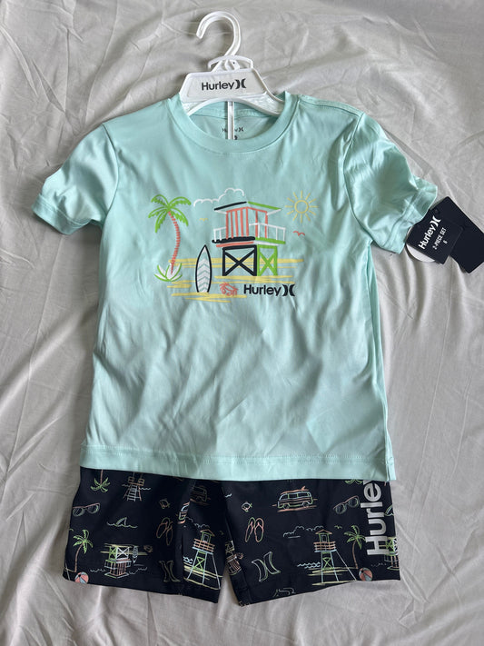 Hurley, size 6 Swimsuit NWT rash guard and suit, blue and black 6