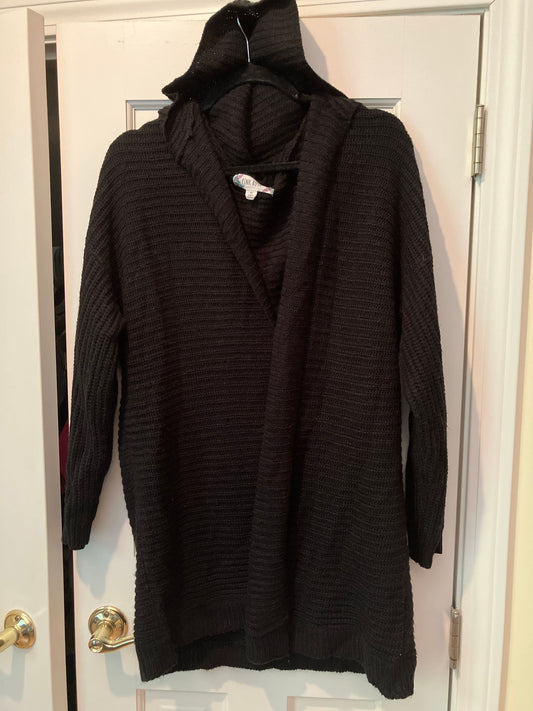 Pink rose size 2x black long sleeve sweater Open front, has a hood, knitted Women's - XXL