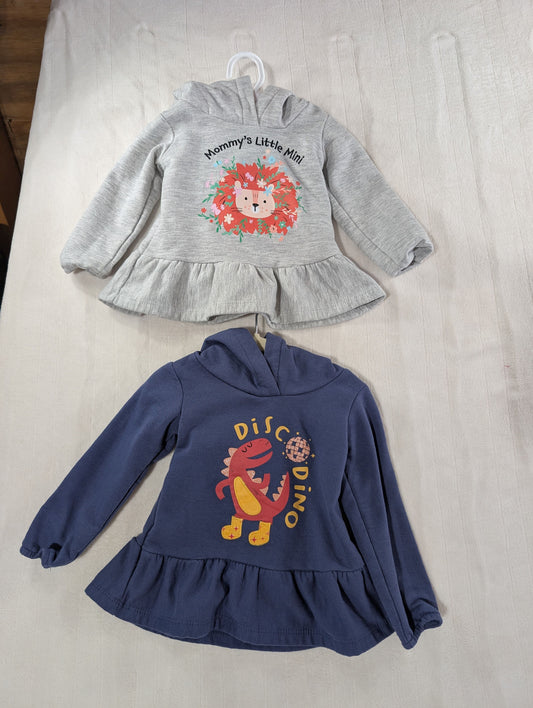 Exersaucer 12 mo girls sweatshirts lot of 2 "Mommy's Mini Me" and "Disco Dino", worn once 12 Months