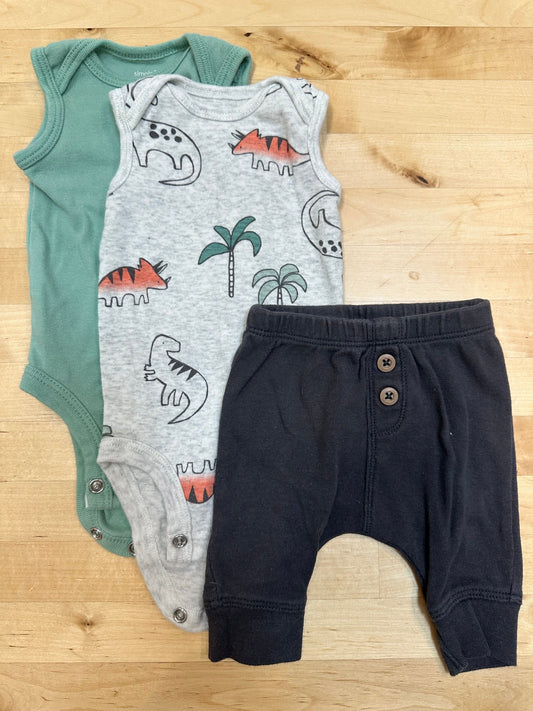 Carters green tank onesie, dinosaur print tank onesie, dark gray pants Newborn