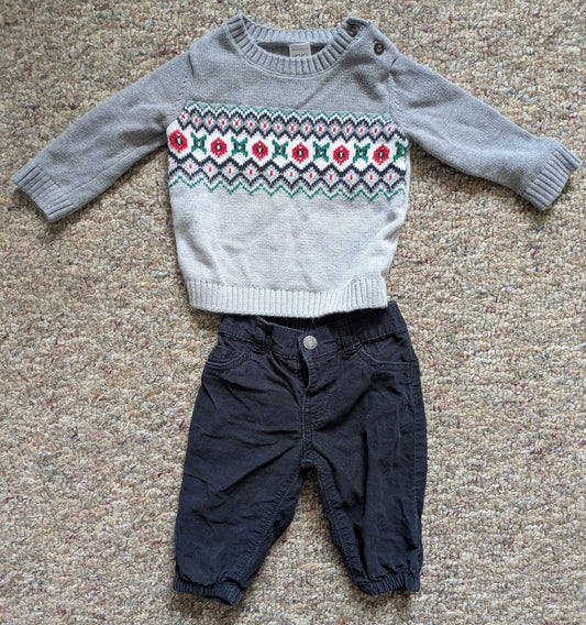 Carter's Grey Christmas sweater with black corduroy pants 6 Months