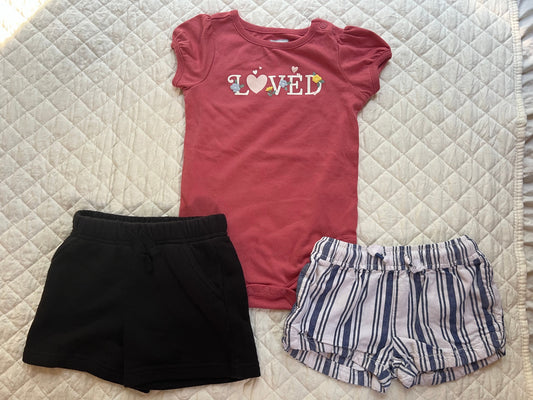 Oshkosh, Jumping Beans, Garanimals Loved pink onesie, black shorts, and blue striped shorts 18 Months