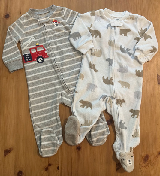 2pc Carters 9m Fleece Footed One-Piece Sleepers PJs Pajamas, Gray Striped w/ Fire Truck Engine-Bears w/ Cute Feet 9 Months