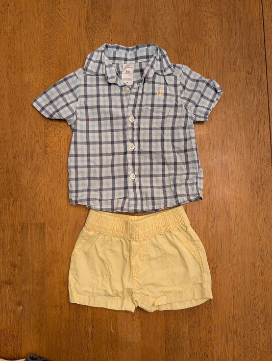 Carters, 3m, blue plaid collared button up t shirt anchor logo, matching yellow shorts 3 Months