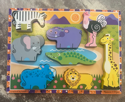 Melissa & Doug Safari Animals Chunky Puzzle Toddlers - Hippo, Ostrich, Giraffe, Elephant, Zebra, Lion, Hyena Puzzle