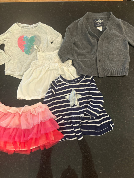 Osh Kosh and Childrens Place 2 long sleeve, 1 tank, 1 sweater 1 tutu size 12m 12 Months
