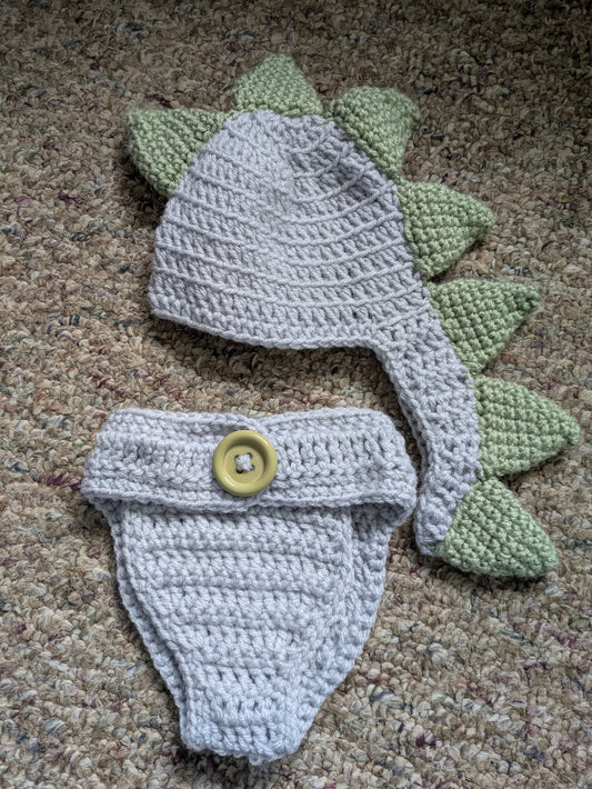 None, Knit Light grey and green newborn photo dinosaur outfit Newborn