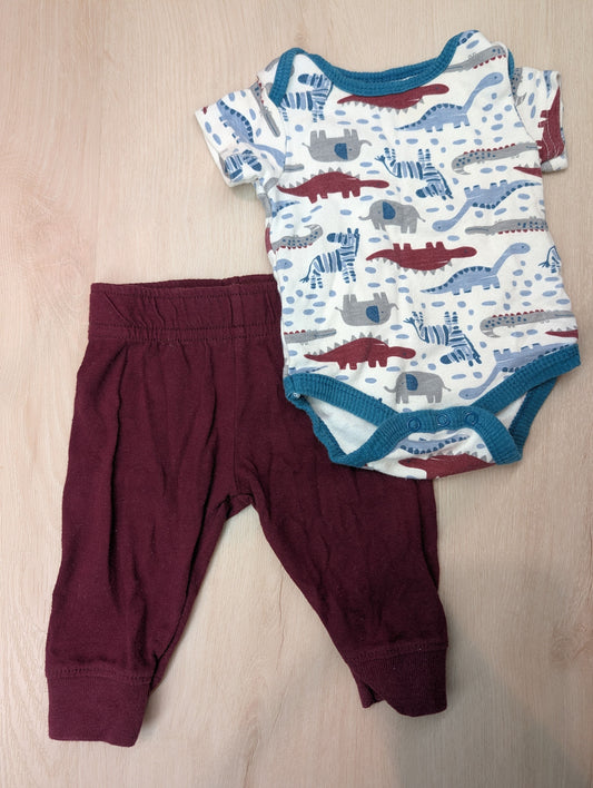 Chick Pea, maroon and blue set, 0-3m Dinosaurs, alligators, elephants, and zebras, short sleeve onsie Newborn