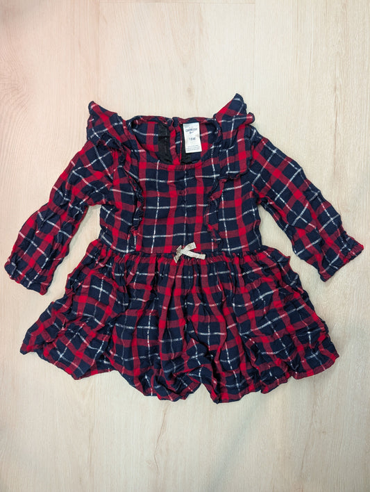 OshKosh B'gosh long sleeve dress, 18m Red, Navy Blue and Silver plaid long sleeve dress with gold bow 18 Months