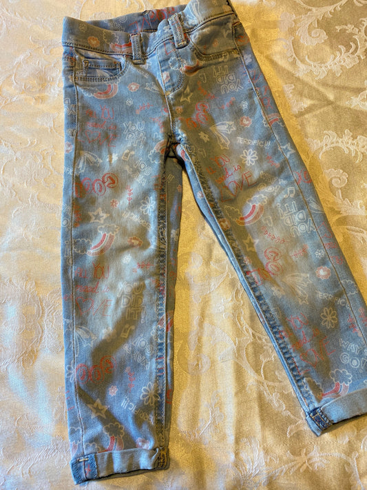 Wonder Nation, 4-5, jeans, elastic waist no button pants, Love, You Did It, rainbows, flowers, decorated light blue 4T/4