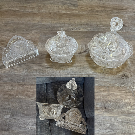Glass candy dish napkin holders All have bird motif theme on them 5 pc total Kitchen