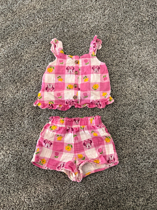 Disney Minnie Mouse matching set toddler girl 2T Pink plaid tank top and shorts set, summer 2T