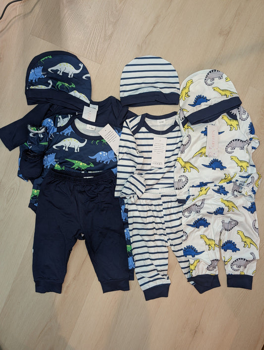 Multicolor long sleeve onesie pants set NWT, 0-3m 16 piece set with dinosaurs, stripes, matching hats and mittens Newborn