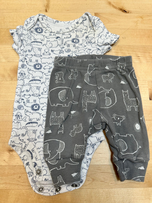 Carters navy animal print onesie, gray animal print pants Newborn