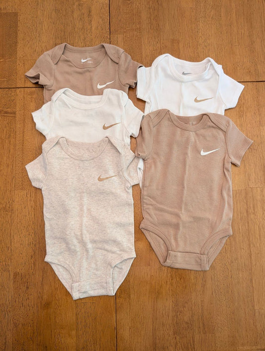 Nike, 6m, 5 piece short sleeve onesies brown, beige, white 6 Months