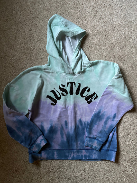 Justice, XL, Girls fleece hoodie features trendy blue and purple tie-dye design with glittery Justice graphic logo 16