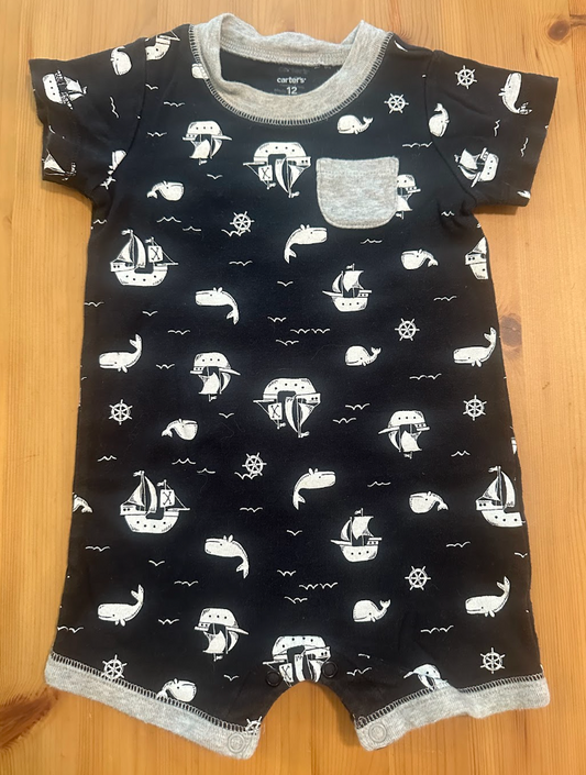12m Carters SS One-Piece Outfit - Almost New! Black w/ Pirate Ships/Ship's Wheels/Whales Print in White 12 Months