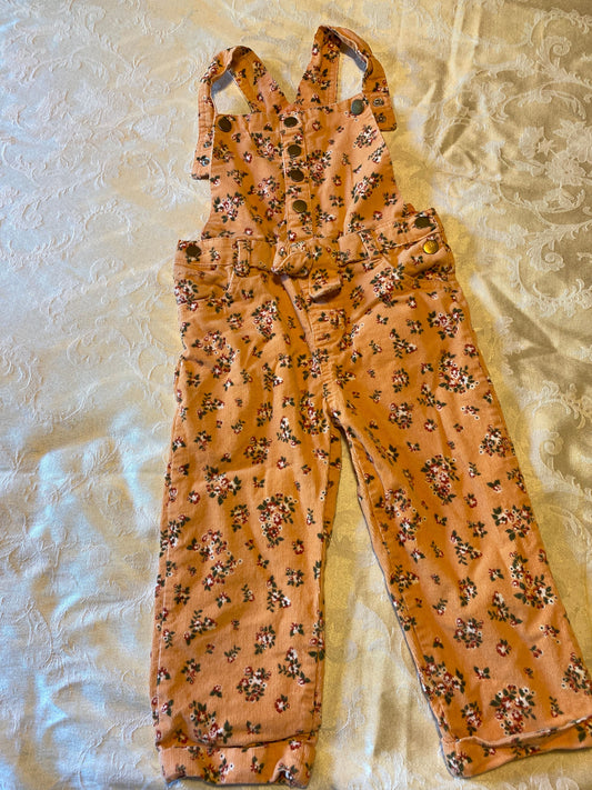 Floral corduroy overalls, 4t peach colored, pants adjustable button straps, cuffed 4T/4
