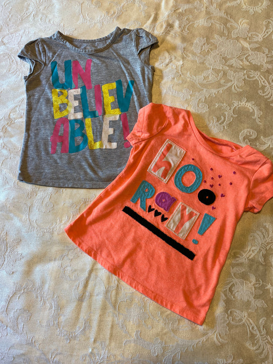 Okie Dokie, 2T, 2 tshirts Unbelievable and hooray Gray and peach-orange 2T