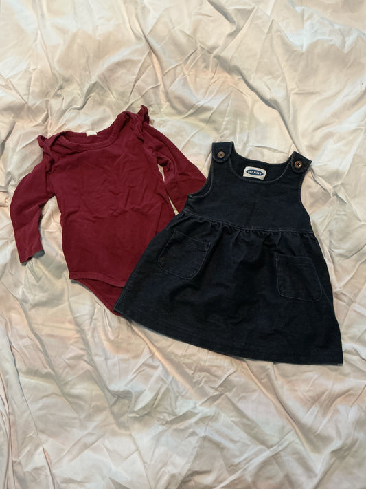 Old Navy Ruffle long sleeve, maroon onesie with jean jumper 18 Months