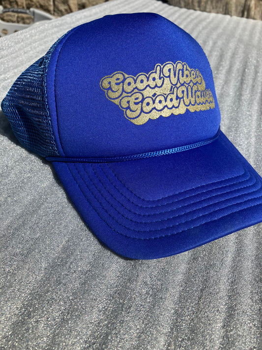 Hit - royal blue Snapback Hat Good Vibes Good Waves gold letters Hat