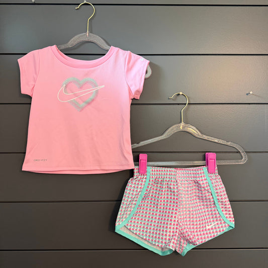 Nike Shirt and shorts, pink and teal heart 24 Months