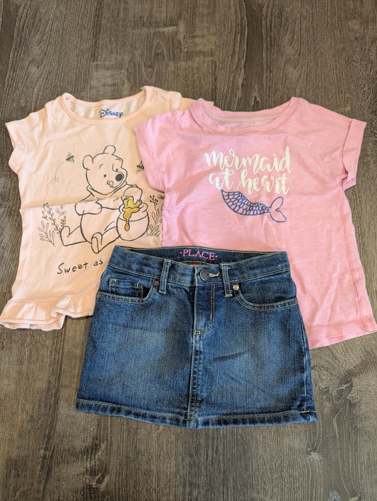 Disney/Children's Place/Cat+Jack Skirt and 2 Tops Blue Jean Skirt, Mermaid at Heart, Pooh Bear Sweet as Can Bee 4T/4