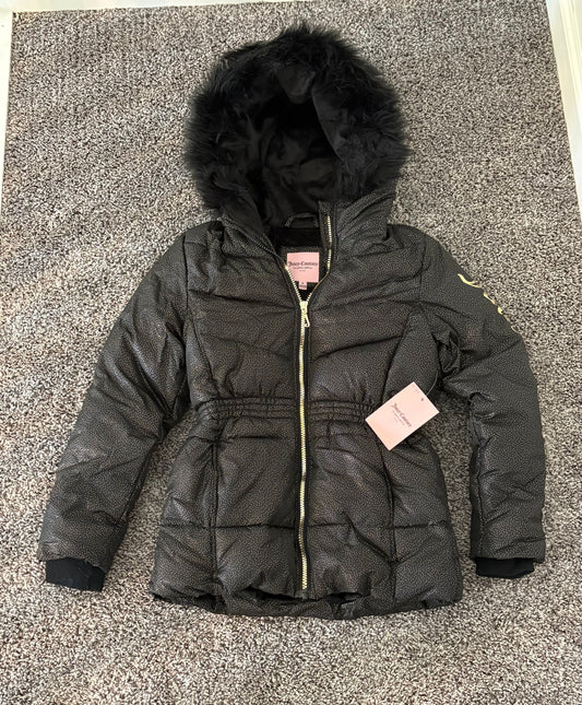 Juicy Couture puffer winter jacket girls M 10-12 Black with gold dots, fur hood, NWT 10