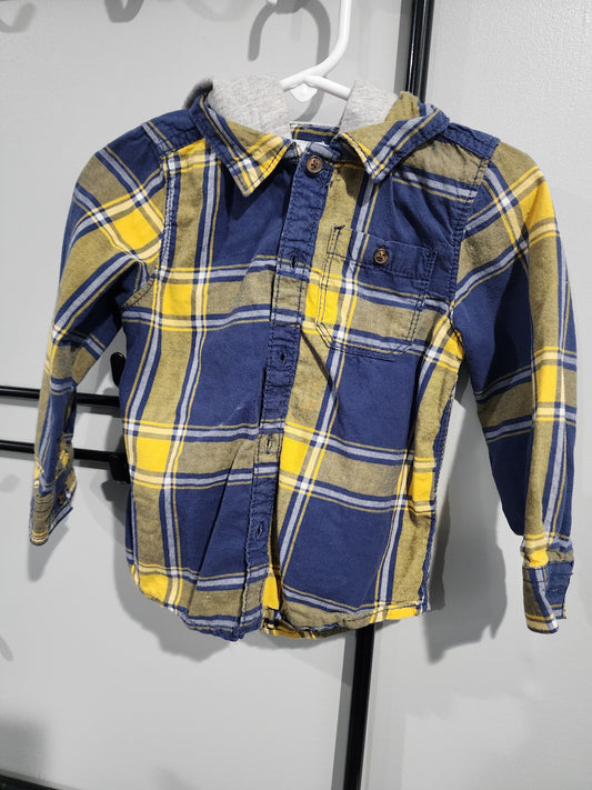 Carters, 24m Button Up Shirt Navy & Yellow w. Gray Hood Button Up Long Sleeve 24 Months