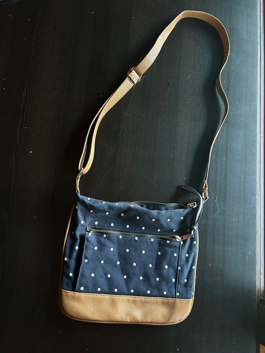 Andeawy Navy and White Polka Dot Canvas Crossbody 12in x 10in Canvas Bag with Light Brown Leather Strap and Accents Purse