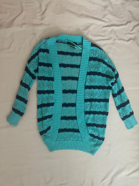 Deb women's XS teal/navy cardigan, no buttons 3/4 sleeves, teal background w/ navy horiz. stripes, loose knit Women's - XS