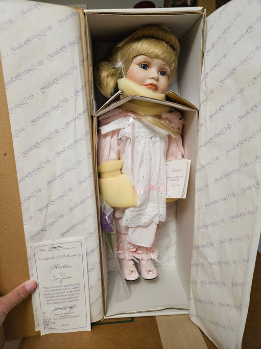 Hamilton Collection porcelain doll, 1992 Heather in white and pink dress w/ purple flower, new in box Dolls and Accessories