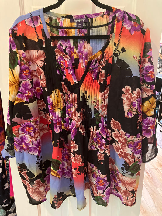 Roamans size 24w, three quarter sleeve, v neck cut Cinched ruffled chest area flowy blouse camisole tshirt silky Women's - XXXL