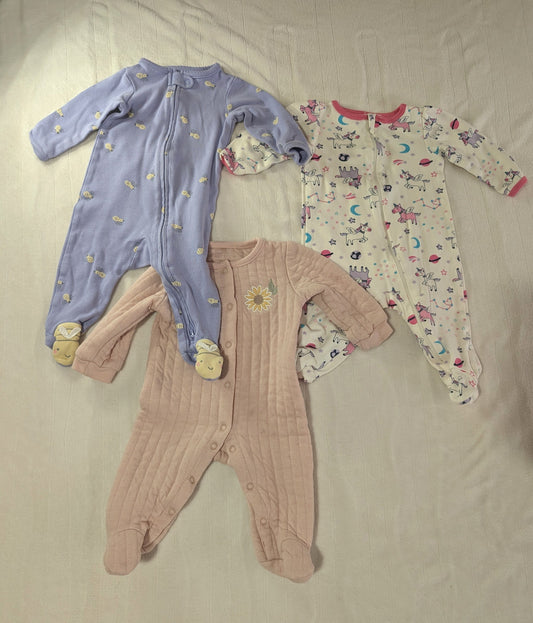 Carter's, Member's Mark, Chickpea footed sleepers Lot of 3, purple w/ bee feet, white w/ unicorns,pink w/ sunflower 6 Months