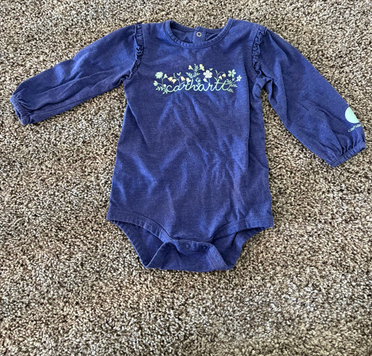 Carhartt long sleeve onesie infant girl 12 months Navy blue, floral print logo, ruffle sleeves 12 Months