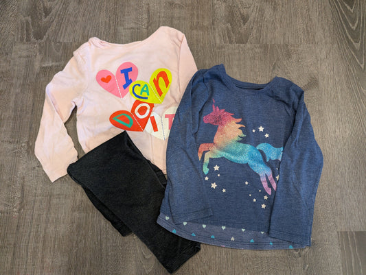 Old Navy/Granimals 2 Shirts and Leggings Black Jeggings, Blue Sparkle Unicorn, Pink I Can Do It Shirt 2T