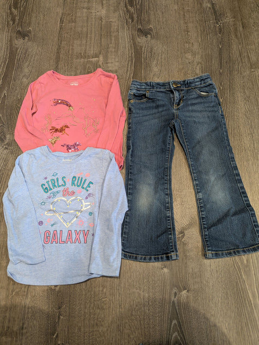 Jumping Bean/Granimals/Crazy 8 Jeans and 2 Tops Bootcut Jeans w/ Zip, Sequin Western Horse, Girls Rule the Galaxy 4T/4