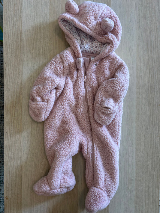 Carters Child of Mine 3m fleece pram suit Pink footed suit with zipper, bear ears on hood, NWOT 3 Months